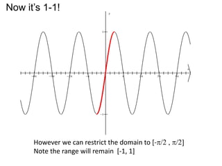        


x
y
However we can restrict the domain to [-/ , /]
Note the range will remain [-1, 1]
Now it’s 1-1!
 