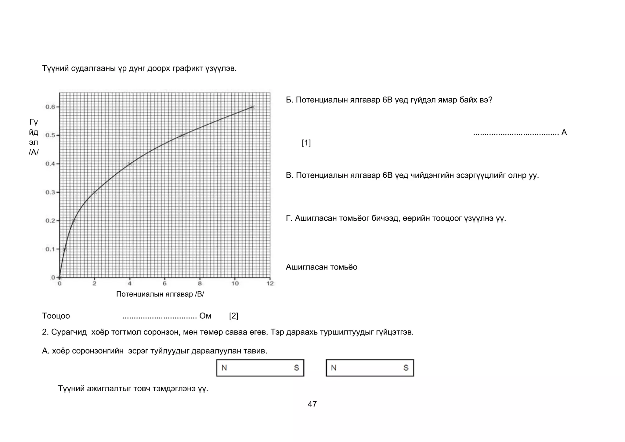 47
Түүний судалгааны үр дүнг доорх графикт үзүүлэв.
Б. Потенциалын ялгавар 6В үед гүйдэл ямар байх вэ?
...................................... А
[1]
В. Потенциалын ялгавар 6В үед чийдэнгийн эсэргүүцлийг олнр уу.
Г. Ашигласан томьёог бичээд, өөрийн тооцоог үзүүлнэ үү.
Ашигласан томьёо
Тооцоо ................................. Ом [2]
2. Сурагчид хоёр тогтмол соронзон, мөн төмөр саваа өгөв. Тэр дараахь туршилтуудыг гүйцэтгэв.
А. хоёр соронзонгийн эсрэг туйлуудыг дараалуулан тавив.
Түүний ажиглалтыг товч тэмдэглэнэ үү.
Гү
йд
эл
/А/
Потенциалын ялгавар /В/
 
