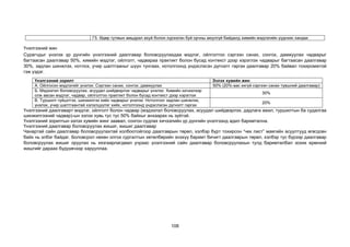 108
Г5. Өдөр тутмын амьдрал ахуй болон хүрээлэн буй орчны аюулгүй байдалд химийн мэдлэгийн үүднээс хандах
Үнэлгээний жин
Сурагчдыг үнэлэх үр дүнгийн үнэлгээний даалгавар боловсруулахдаа мэдлэг, ойлголтоо сэргээн санах, сонгох, дамжуулах чадварыг
багтаасан даалгавар 50%, химийн мэдлэг, ойлголт, чадвараа практикт болон бусад контекст дээр хэрэглэх чадварыг багтаасан даалгавар
30%, задлан шинжлэх, нотлох, учир шалтгааныг шүүн тунгаах, нотолгоонд үндэслэсэн дүгнэлт гаргах даалгавар 20% байвал тохиромжтой
гэж үздэг.
Үнэлгээний зорилт Эзлэх хувийн жин
А. Ойлгосон мэдлэгийг үнэлэх: Сэргээн санах, сонгох, дамжуулах 50% (20%-аас ихгүй сэргээн санах түвшний даалгавар)
Б. Мэдээлэл боловсруулах, асуудал шийдвэрлэх чадварыг үнэлэх: Химийн хичээлээр
олж авсан мэдлэг, чадвар, ойлголтоо практикт болон бусад контекст дээр хэрэглэх
30%
В. Туршилт гүйцэтгэх, шинжилгээ хийх чадварыг үнэлэх: Нотолгоог задлан шинжлэх,
үнэлэх, учир шалтгаантай хэлэлцүүлэг хийх, нотолгоонд үндэслэсэн дүгнэлт гаргах
20%
Үнэлгээний даалгаварт мэдлэг, ойлголт болон чадвар (мэдээлэл боловсруулах, асуудал шийдвэрлэх, дадлага ажил, туршилтын ба судалгаа
шинжилгээний чадвар)-ын эзлэх хувь тус тус 50% байхыг анхаарах нь зүйтэй.
Үнэлгээний зорилтын эзлэх хувийн жинг заавал, сонгон судлах хичээлийн үр дүнгийн үнэлгээнд адил баримтална.
Үнэлгээний даалгавар боловсруулах жишиг, жишиг даалгавар
Чанартай сайн даалгавар боловсруулахтай холбоотойгоор даалгаврын төрөл, хэлбэр бүрт тохирсон “чек лист” маягийн асуултууд өгөгдсөн
байх нь элбэг байдаг. Боловсрол нөхөн олгох сургалтын хөтөлбөрийн энэхүү баримт бичигт даалгаврын төрөл, хэлбэр тус бүрээр даалгавар
боловсруулах жишиг оруулах нь хязгаарлагдмал учраас үнэлгээний сайн даалгавар боловсруулахын тулд баримталбал зохих ерөнхий
жишгийг дараах бүдүүвчээр харууллаа.
 