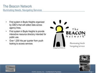 The Beacon Network
Illuminating Needs, Navigating Services



  •   First system in Boyle Heights organized
      by CBO’s that will collect data across
      agency lines.
  •   First system in Boyle Heights to provide
      interactive resource directory intended for
      public use.
  •   Over 1,200 hits per quarter from youth
      looking to access services




                                © 2012 Jovenes, Inc. – Confidential & Proprietary   Page Page 7
                                                                                         7
                                                                                      Page 7
 