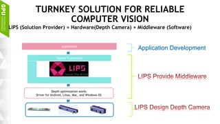 4
TURNKEY SOLUTION FOR RELIABLE
COMPUTER VISION
LIPS (Solution Provider) = Hardware(Depth Camera) + Middleware (Software)
Application
OpenNI Framework
Depth optimization works
Driver for Android, Linux, Mac, and Windows OS
Application Development
 