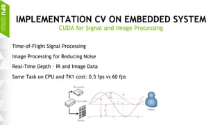 5
IMPLEMENTATION CV ON EMBEDDED SYSTEM
CUDA for Signal and Image Processing
Time-of-Flight Signal Processing
Image Processing for Reducing Noise
Real-Time Depth、IR and Image Data
Same Task on CPU and TK1 cost: 0.5 fps vs 60 fps
 