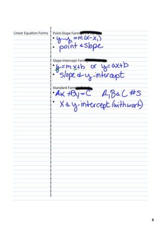 Linear Equation Forms   Point‐Slope Form (IYT # 1 & 4):
                        •  

                        •  


                        Slope‐Intercept Form (IYT # 1 & 2):
                        •  

                        •  


                        Standard Form (IYT # 3):
                        •  

                        •  




                                                              6
 