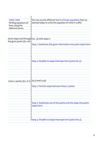 TOPIC TWO                We can use the different forms of linear equations that we 
 Writing equations of     learned today to write the equation of a line in a jiffy!
 lines using the 
 different forms.



Given slope and through  (10, ‐3) with slope 7
the given point: (Ex. #1)
                          Step 1: Substitute the given information into point‐slope form.




                          Step 2: Simplify to slope‐intercept form (solve for y).




Given 2 points: (Ex. # 2) (0,7) and (‐4,9)

                          Step 1: Find the slope between these 2 points.




                          Step 2: Substitute one of the points and the slope into point‐
                          slope form.




                          Step 3: Simplify to slope‐intercept form (solve for y).




                                                                                            7
 