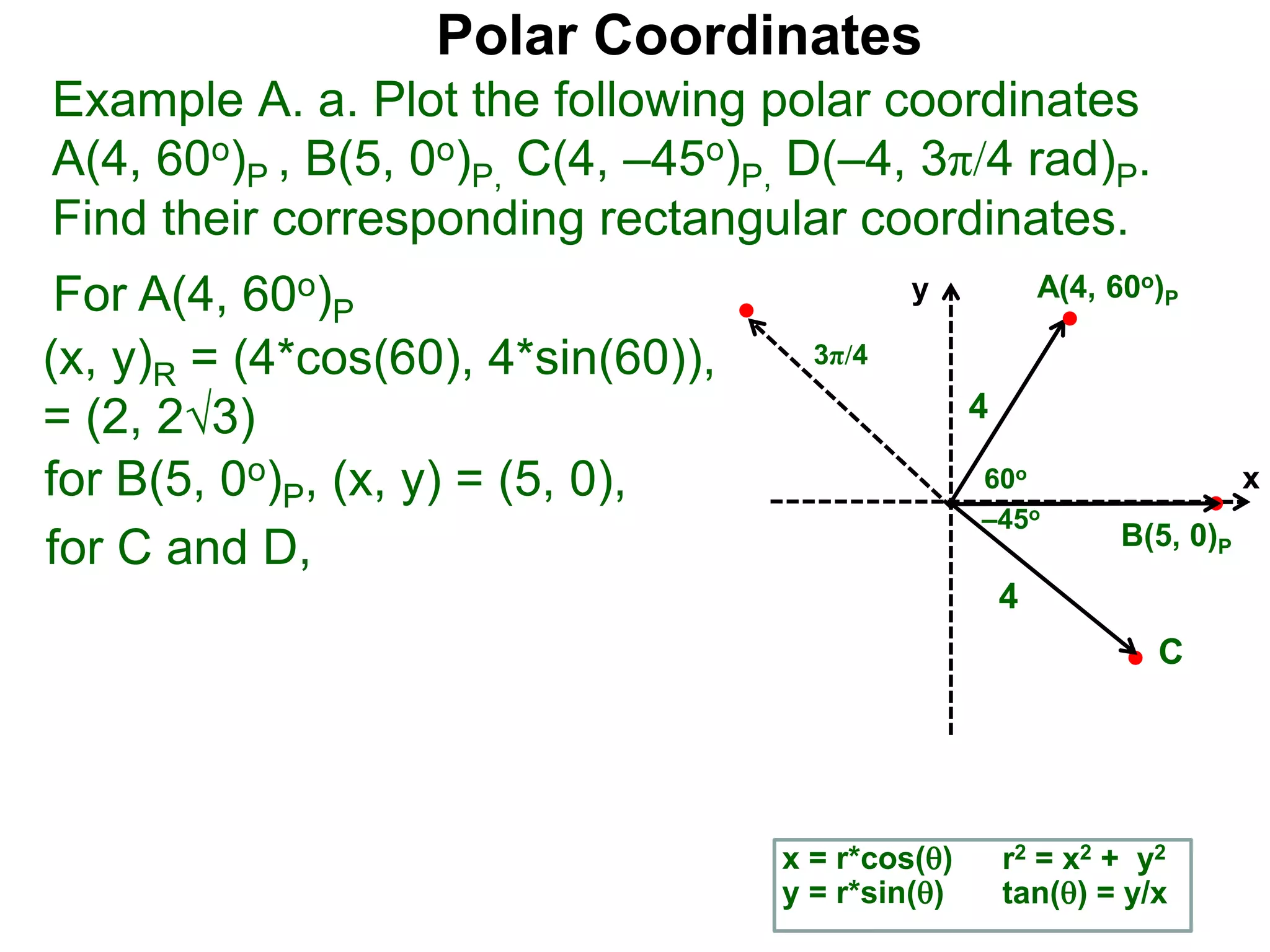 Polar Coordinates
Example A. a. Plot the following polar coordinates
A(4, 60o)P , B(5, 0o)P, C(4, &ndash;45o)P, D(&ndash;4, 3&pi;/4 rad)P.
Find their corresponding rectangular coordinates.
x
y
60o
4
For A(4, 60o)P
x = r*cos()
y = r*sin()
(x, y)R = (4*cos(60), 4*sin(60)),
= (2, 23)
for B(5, 0o)P, (x, y) = (5, 0),
for C and D,
A(4, 60o)P
B(5, 0)P
4
r2 = x2 + y2
tan() = y/x
&ndash;45o
3&pi;/4
C
 
