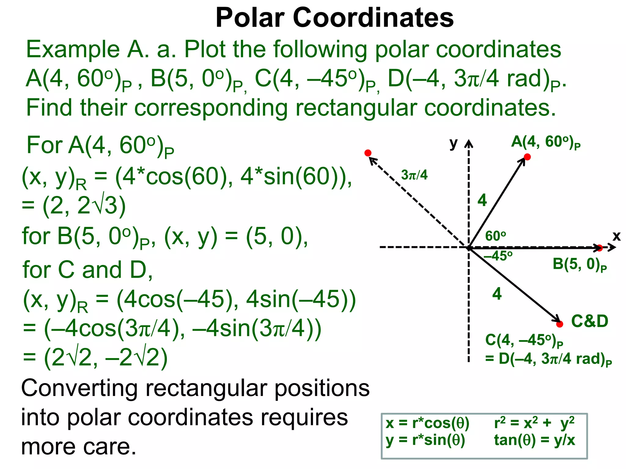 Polar Coordinates
Example A. a. Plot the following polar coordinates
A(4, 60o)P , B(5, 0o)P, C(4, &ndash;45o)P, D(&ndash;4, 3&pi;/4 rad)P.
Find their corresponding rectangular coordinates.
x
y
60o
4
For A(4, 60o)P
x = r*cos()
y = r*sin()
(x, y)R = (4*cos(60), 4*sin(60)),
= (2, 23)
for B(5, 0o)P, (x, y) = (5, 0),
for C and D,
(x, y)R = (4cos(&ndash;45), 4sin(&ndash;45))
= (&ndash;4cos(3&pi;/4), &ndash;4sin(3&pi;/4))
= (22, &ndash;22)
A(4, 60o)P
B(5, 0)P
C(4, &ndash;45o)P
= D(&ndash;4, 3&pi;/4 rad)P
4
Converting rectangular positions
into polar coordinates requires
more care.
r2 = x2 + y2
tan() = y/x
&ndash;45o
3&pi;/4
C&D
 