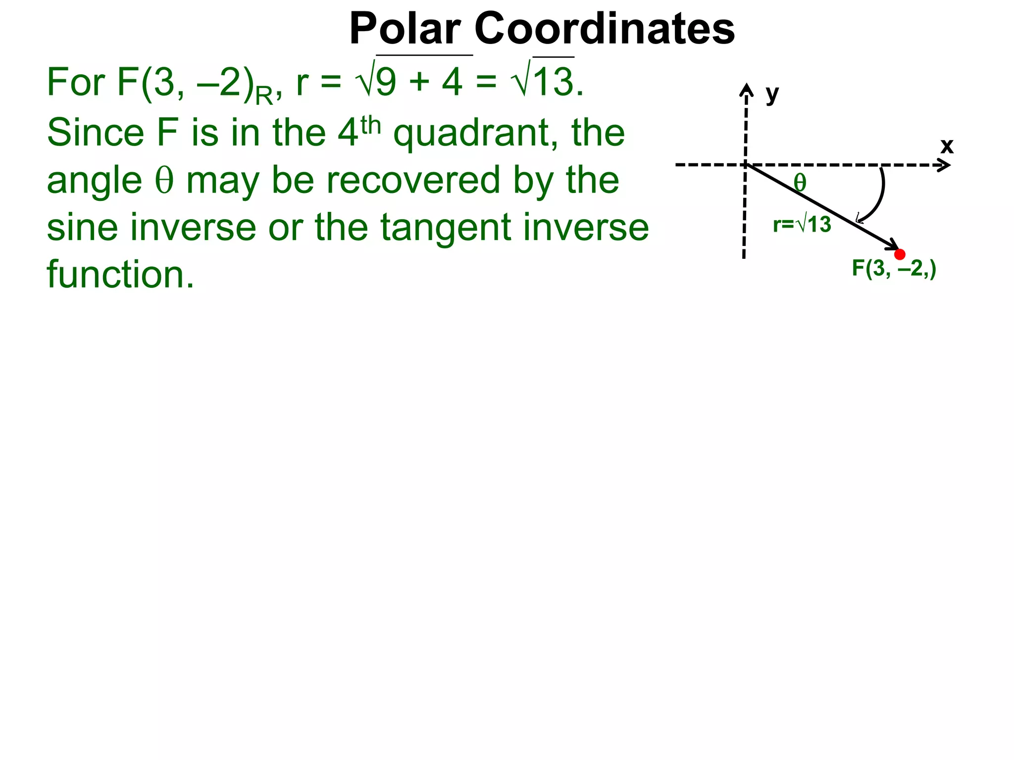 Polar Coordinates
For F(3, &ndash;2)R, r = 9 + 4 = &radic;13.
x
y
F(3, &ndash;2,)
Since F is in the 4th quadrant, the
angle  may be recovered by the
sine inverse or the tangent inverse
function.

r=&radic;13
 