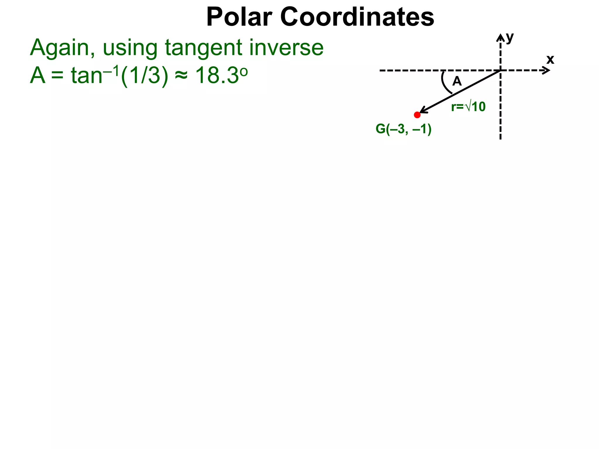 Polar Coordinates
Again, using tangent inverse
A = tan&ndash;1(1/3) &asymp; 18.3o
x
y
G(&ndash;3, &ndash;1)
r=&radic;10
A
 