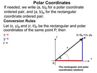 Polar Coordinates
Conversion Rules
Let (x, y)R and (r, )P be the rectangular and polar
coordinates of the same point P, then
P
x
y
(r, )R = (x, y)P

r
O
The rectangular and polar
coordinates relations
x =
y =
r =
If needed, we write (a, b)P for a polar coordinate
ordered pair, and (a, b)R for the rectangular
coordinate ordered pair.
 