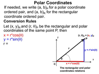 Polar Coordinates
Conversion Rules
Let (x, y)R and (r, )P be the rectangular and polar
coordinates of the same point P, then
P
x
y
(r, )R = (x, y)P

r
O x = r*cos()
The rectangular and polar
coordinates relations
x = r*cos()
y = r*sin()
y = r*sin()
r =
If needed, we write (a, b)P for a polar coordinate
ordered pair, and (a, b)R for the rectangular
coordinate ordered pair.
 