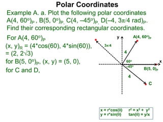 Polar Coordinates
Example A. a. Plot the following polar coordinates
A(4, 60o)P , B(5, 0o)P, C(4, –45o)P, D(–4, 3π/4 rad)P.
Find their corresponding rectangular coordinates.
x
y
60o
4
For A(4, 60o)P
x = r*cos()
y = r*sin()
(x, y)R = (4*cos(60), 4*sin(60)),
= (2, 23)
for B(5, 0o)P, (x, y) = (5, 0),
for C and D,
A(4, 60o)P
B(5, 0)P
4
r2 = x2 + y2
tan() = y/x
–45o
3π/4
C
 
