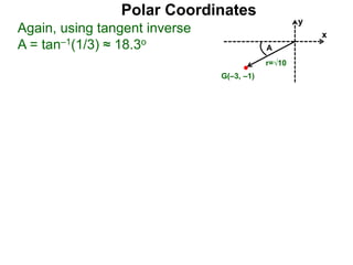 Polar Coordinates
Again, using tangent inverse
A = tan–1(1/3) ≈ 18.3o
x
y
G(–3, –1)
r=√10
A
 