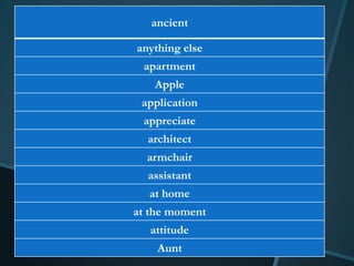 ancient

anything else
 apartment
   Apple
 application
 appreciate
  architect
  armchair
  assistant
  at home
at the moment
   attitude
    Aunt
 