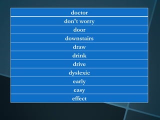 doctor
don't worry
   door
downstairs
   draw
  drink
   drive
 dyslexic
   early
   easy
  effect
 