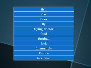 fish
      flat
     floor
       fly
flying doctor
     food
   football
     fork
 fortunately
    France
  free time
 