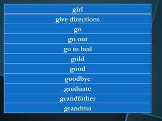 girl
give directions
      go
    go out
   go to bed
     gold
     good
   goodbye
   graduate
 grandfather
   grandma
 