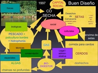 1997          CAPITAL
                                                    SOCIAL
                                                                       Buen Diseño
   físicas
                                            CO
                                                                 Desechos
                                           SECHA                     de SETAS           < con
                                                                                         paja
                                                                 Cervecería               de
                                                                 substrato para        arroz y
                                                                    setas >            serrín
        tecnología                                social
       biológicas
        apropiada
                                                                culturales
                                                                  tecnología
    PESCADO +                                                         apropiada
                                                                                   enzima de
  policultura bordes
      PESCADO                                                                        setas
    + hidrophonix
                                            GAS                         comida para cerdos
              técnicas
                             tecnología                    Legal /
                                                     tecnología
                             apropiada
                         conservación                      admini-            CERDOS
                                                     apropiada
                                                           strativa
 espaciales

       ALGAS                                 BIO-                            deshechos
                                          DIGESTOR
charcas no profundas
 