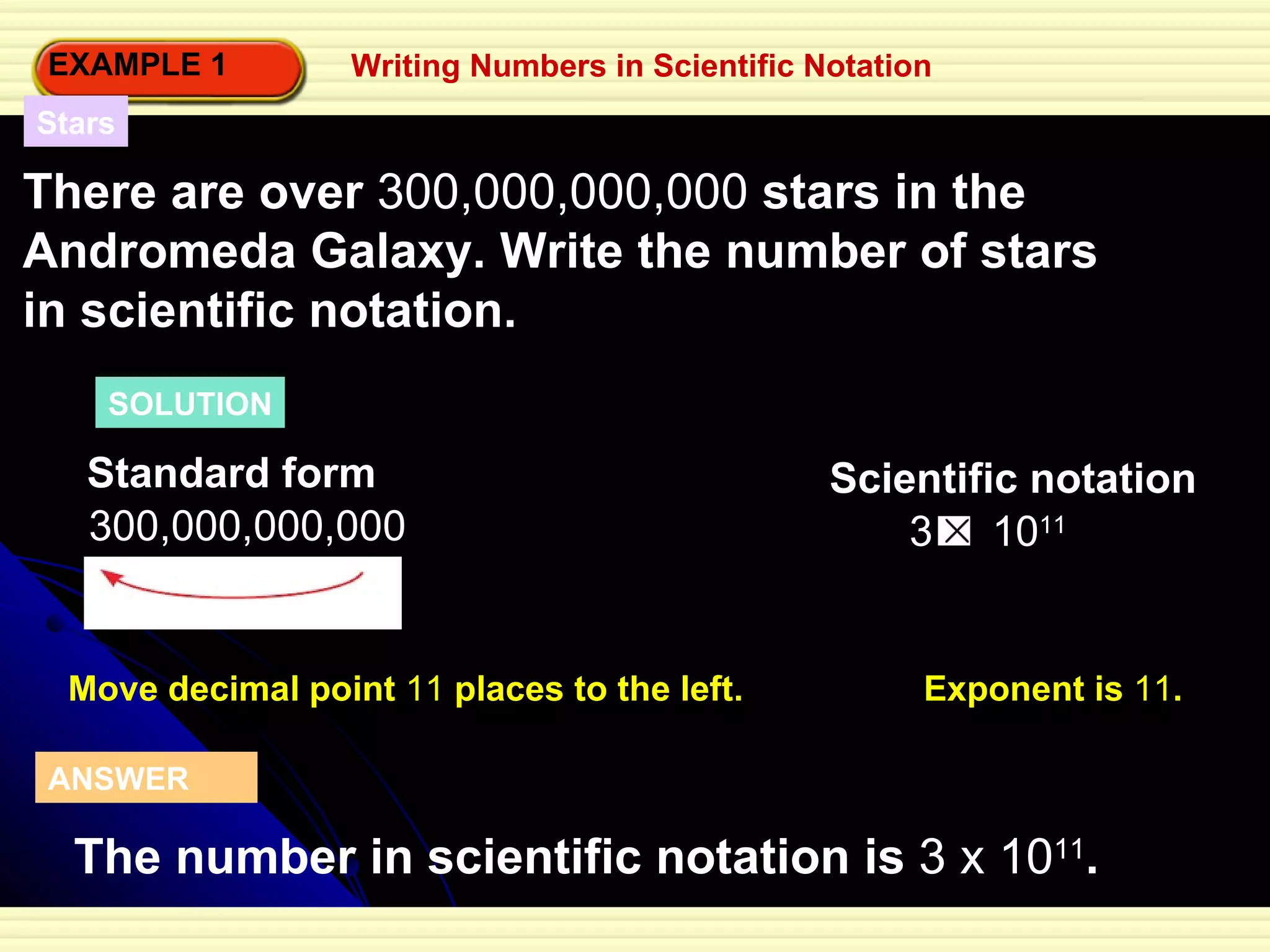 EXAMPLE 1 Writing Numbers in Scientific Notation SOLUTION Exponent is  11 . Move decimal point  11  places to the left. Stars There are over  300,000,000,000  stars in the Andromeda Galaxy. Write the number of stars in scientific notation. Standard form 300,000,000,000 Scientific notation 3  10 11 ANSWER The number in scientific notation is  3 x 10 11 . 