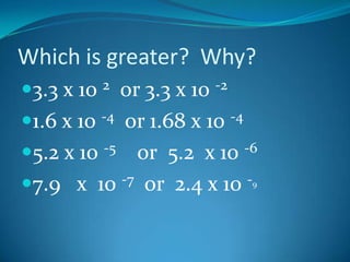 Which is greater? Why?
3.3 x 10 2 or 3.3 x 10 -2
1.6 x 10 -4 or 1.68 x 10 -4
5.2 x 10 -5or 5.2 x 10 -6
7.9 x 10 -7 or 2.4 x 10 -     9
 
