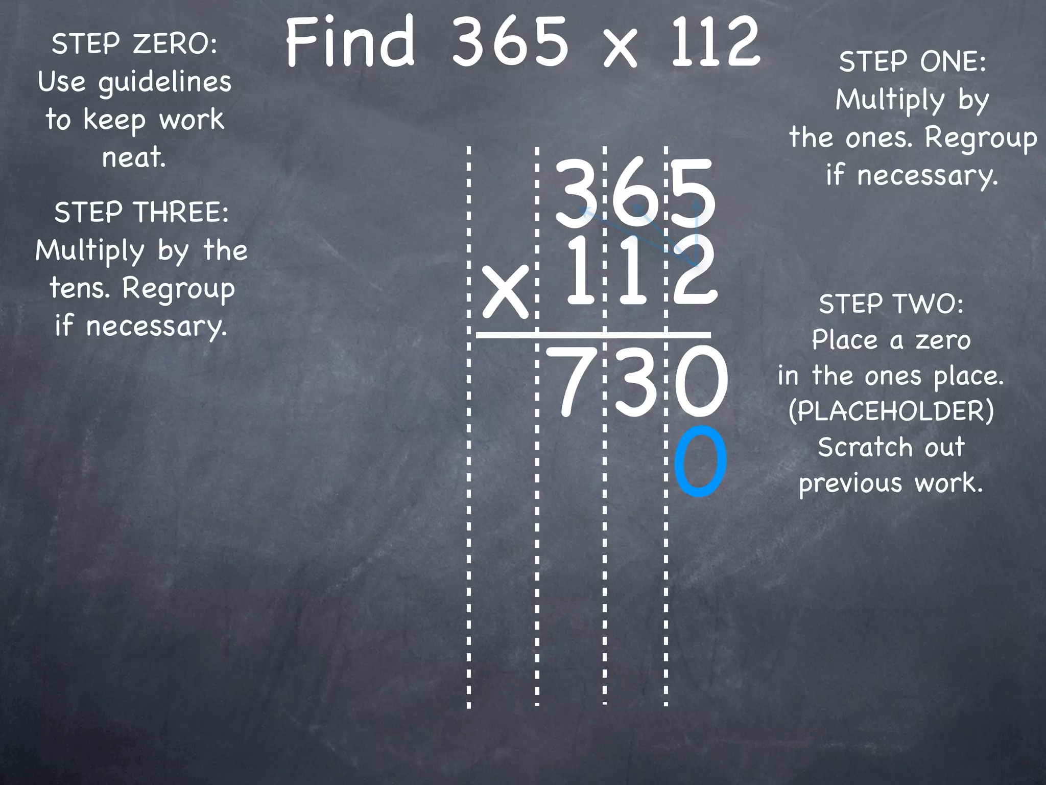 STEP ZERO:
Use guidelines
                  Find 365 x 112      STEP ONE:
                                      Multiply by
to keep work
                                   the ones. Regroup

                        365
    neat.
                                     if necessary.
 STEP THREE:


                       x 1 12
Multiply by the
tens. Regroup                          STEP TWO:
 if necessary.

                        73 0
                                      Place a zero
                                   in the ones place.
                                    (PLACEHOLDER)

                            0          Scratch out
                                     previous work.
 