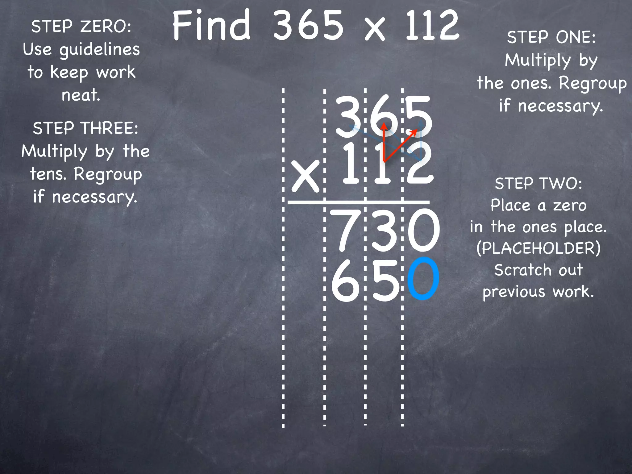 STEP ZERO:
Use guidelines
                  Find 365 x 112      STEP ONE:
                                      Multiply by
to keep work
                                   the ones. Regroup

                        365
    neat.
                                     if necessary.
 STEP THREE:


                       x 1 12
Multiply by the
tens. Regroup                          STEP TWO:
 if necessary.

                        73 0
                                      Place a zero
                                   in the ones place.
                                    (PLACEHOLDER)

                        6 50           Scratch out
                                     previous work.
 
