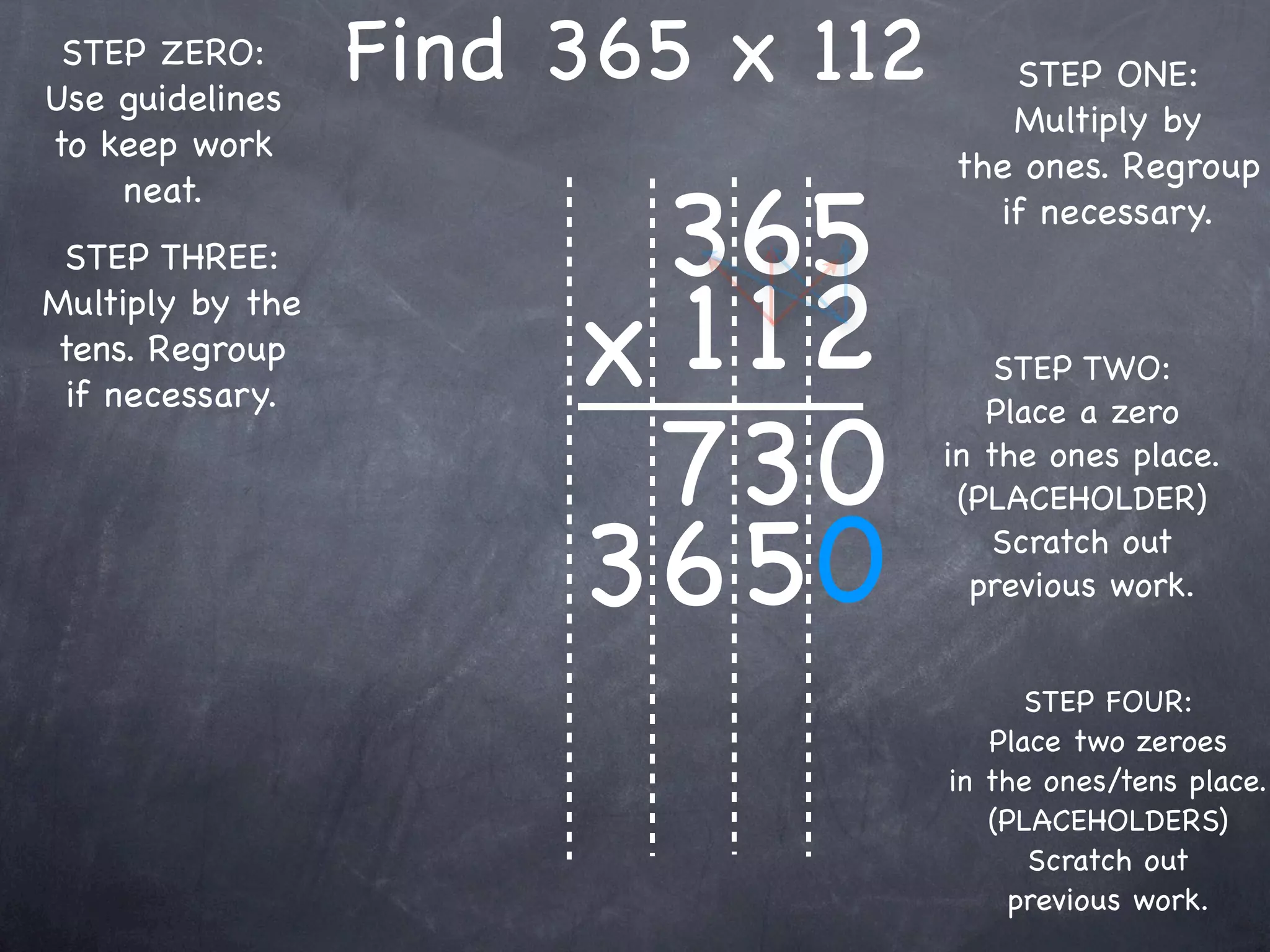 STEP ZERO:
Use guidelines
                  Find 365 x 112      STEP ONE:
                                      Multiply by
to keep work
                                   the ones. Regroup

                        365
    neat.
                                     if necessary.
 STEP THREE:


                       x 1 12
Multiply by the
tens. Regroup                          STEP TWO:
 if necessary.

                        73 0
                                      Place a zero
                                   in the ones place.
                                    (PLACEHOLDER)

                       36 50           Scratch out
                                     previous work.


                                         STEP FOUR:
                                      Place two zeroes
                                   in the ones/tens place.
                                      (PLACEHOLDERS)
                                         Scratch out
                                        previous work.
 