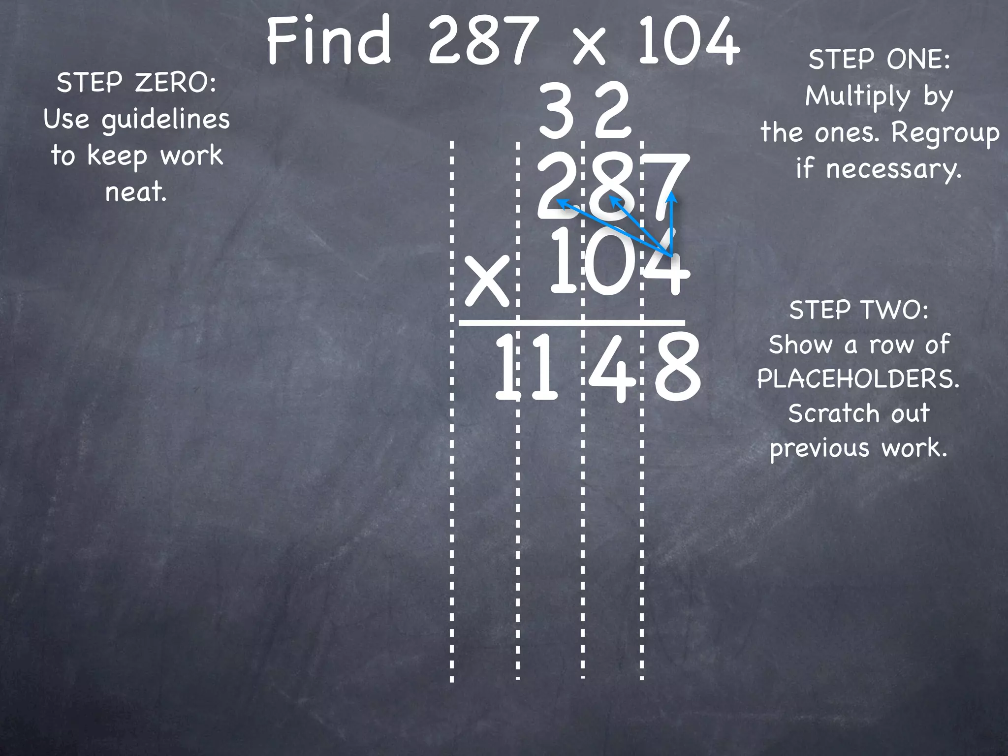 Find 287 x 104      STEP ONE:

                        32
 STEP ZERO:                          Multiply by
Use guidelines                    the ones. Regroup

                        287
to keep work                        if necessary.
    neat.


                      x 104         STEP TWO:

                       11 4 8      Show a row of
                                  PLACEHOLDERS.
                                    Scratch out
                                   previous work.
 