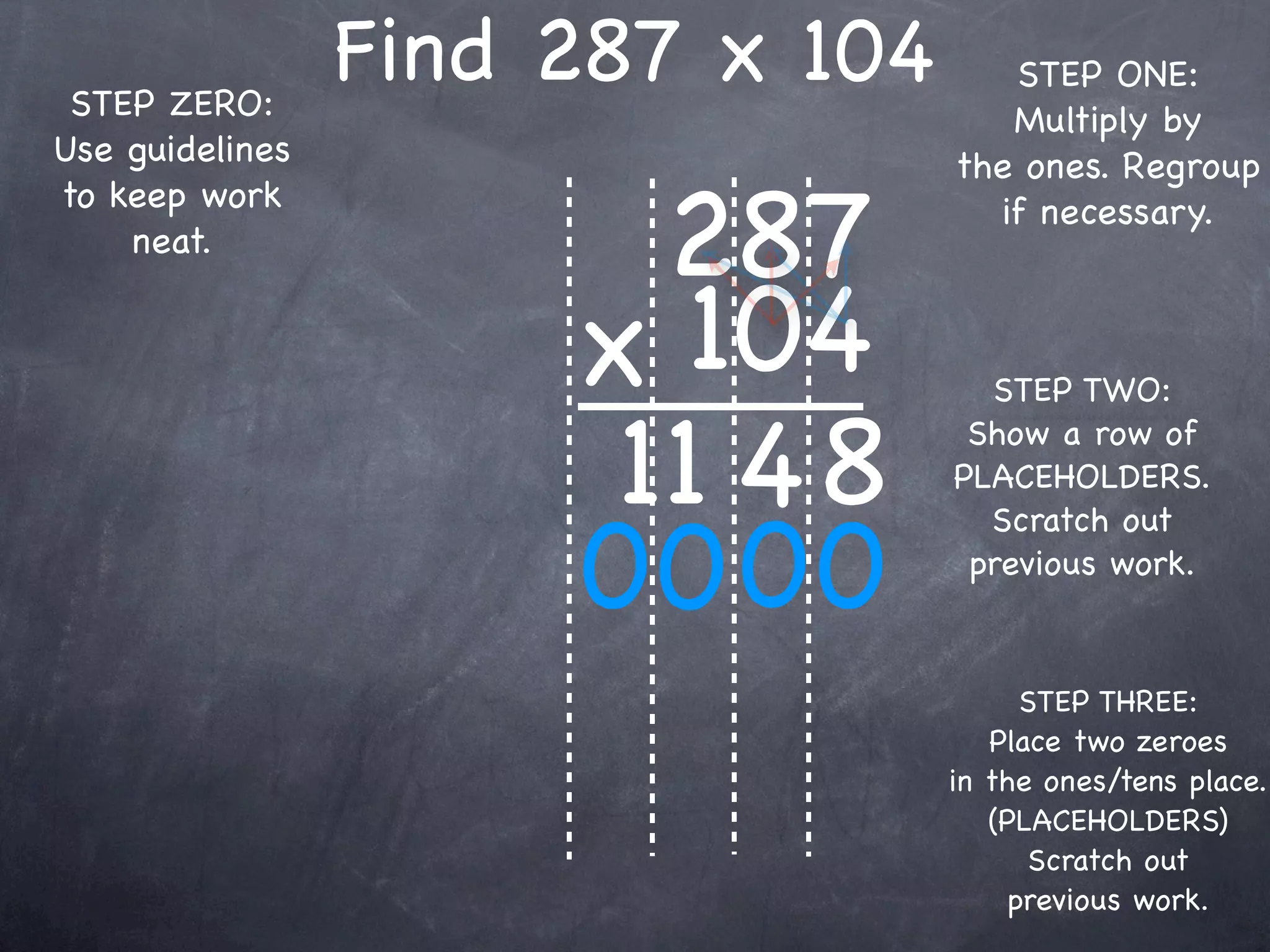 STEP ZERO:
                 Find 287 x 104      STEP ONE:
                                     Multiply by
Use guidelines                    the ones. Regroup

                        287
to keep work                        if necessary.
    neat.


                      x 104         STEP TWO:

                       11 4 8      Show a row of
                                  PLACEHOLDERS.


                      00 00
                                    Scratch out
                                   previous work.


                                        STEP THREE:
                                     Place two zeroes
                                  in the ones/tens place.
                                     (PLACEHOLDERS)
                                        Scratch out
                                       previous work.
 
