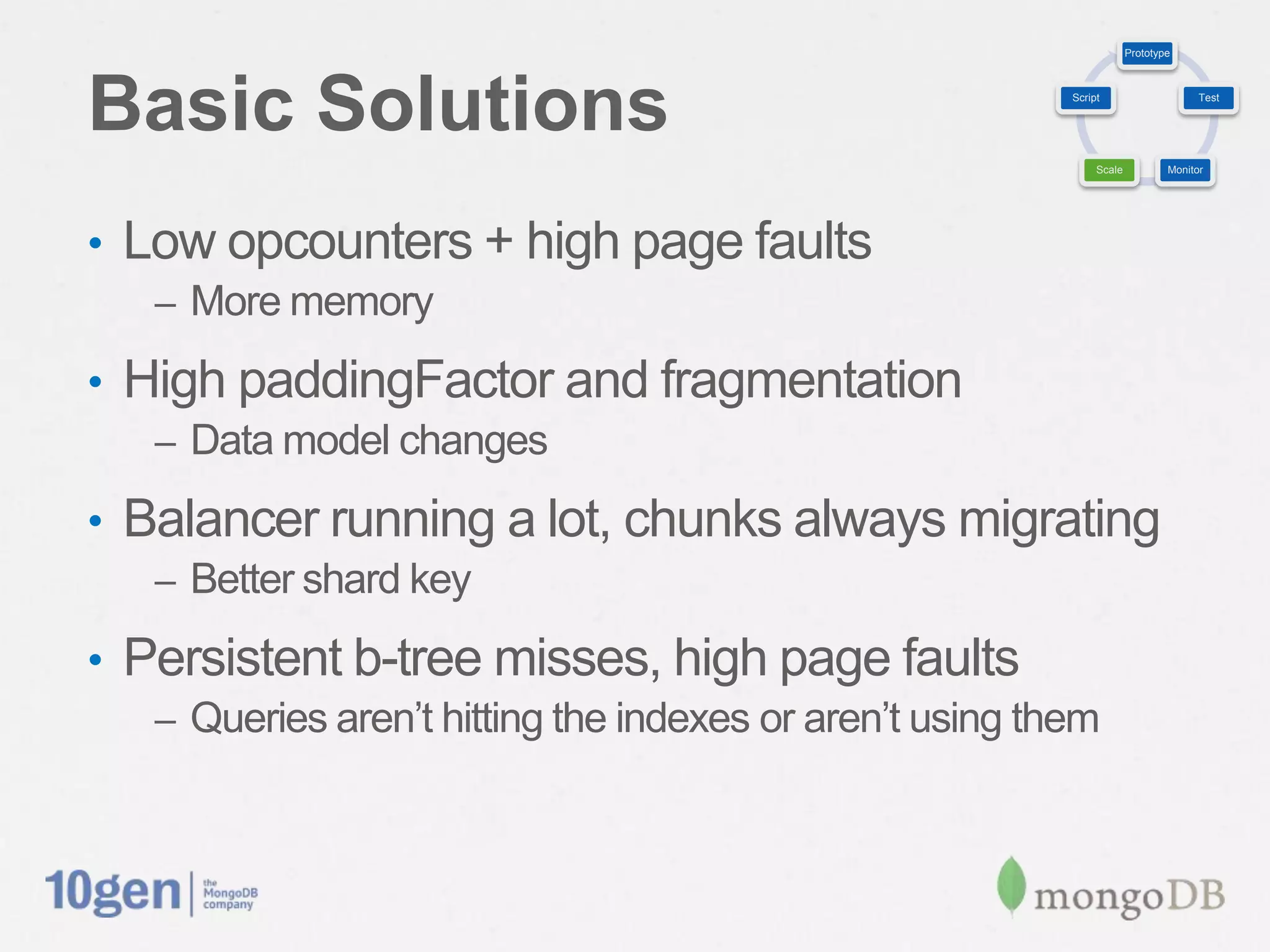 Prototype




Basic Solutions                                             Script                     Test




                                                                 Scale           Monitor




•  Low opcounters + high page faults
   –  More memory

•  High paddingFactor and fragmentation
   –  Data model changes

•  Balancer running a lot, chunks always migrating
   –  Better shard key

•  Persistent b-tree misses, high page faults
   –  Queries aren’t hitting the indexes or aren’t using them
 