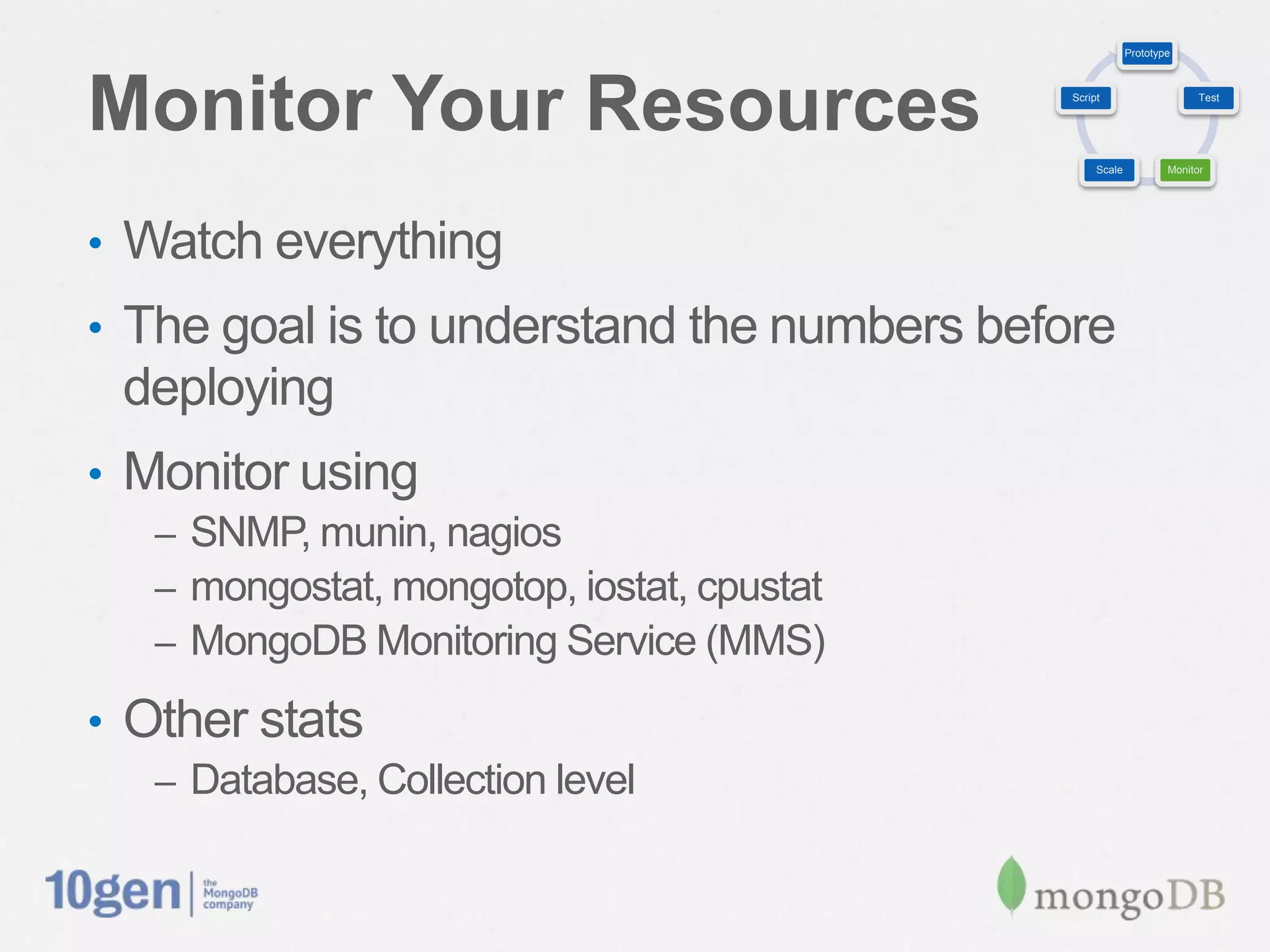 Prototype




Monitor Your Resources                        Script                     Test




                                                   Scale           Monitor




•  Watch everything
•  The goal is to understand the numbers before
 deploying
•  Monitor using
   –  SNMP, munin, nagios
   –  mongostat, mongotop, iostat, cpustat
   –  MongoDB Monitoring Service (MMS)

•  Other stats
   –  Database, Collection level
 