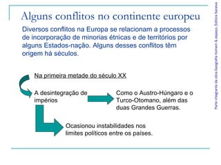 Parte integrante da obra Geografia homem & espaço, Editora Saraiva
Alguns conflitos no continente europeu
Diversos conflitos na Europa se relacionam a processos
de incorporação de minorias étnicas e de territórios por
alguns Estados-nação. Alguns desses conflitos têm
origem há séculos.


    Na primeira metade do século XX

    A desintegração de           Como o Austro-Húngaro e o
    impérios                     Turco-Otomano, além das
                                 duas Grandes Guerras.

              Ocasionou instabilidades nos
              limites políticos entre os países.
 