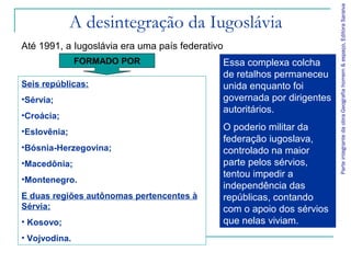 Parte integrante da obra Geografia homem & espaço, Editora Saraiva
              A desintegração da Iugoslávia
Até 1991, a Iugoslávia era uma país federativo
               FORMADO POR                       Essa complexa colcha
                                                 de retalhos permaneceu
Seis repúblicas:                                 unida enquanto foi
•Sérvia;                                         governada por dirigentes
                                                 autoritários.
•Croácia;
•Eslovênia;                                      O poderio militar da
                                                 federação iugoslava,
•Bósnia-Herzegovina;                             controlado na maior
•Macedônia;                                      parte pelos sérvios,
                                                 tentou impedir a
•Montenegro.
                                                 independência das
E duas regiões autônomas pertencentes à          repúblicas, contando
Sérvia:                                          com o apoio dos sérvios
• Kosovo;                                        que nelas viviam.
• Vojvodina.
 
