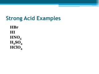 Strong Acid Examples
 HBr
 HI
 HNO3
 H2SO4
 HClO4
 