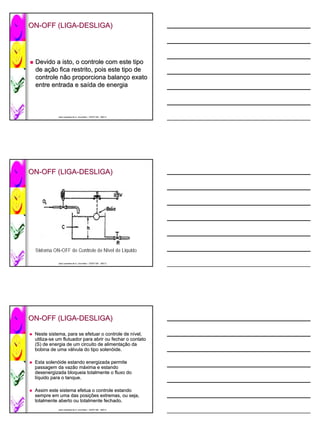 ON-OFF (LIGA-DESLIGA)
ON-    (LIGA-




 Devido a isto, o controle com este tipo
 de ação fica restrito, pois este tipo de
    ação
 controle não proporciona balanço exato
          nã                 balanç
 entre entrada e saída de energia
                  saí



            José Lamartine de A. Lima Neto / CEFET-BA 2007.2
            José                             CEFET-




ON-OFF (LIGA-DESLIGA)
ON-    (LIGA-




            José Lamartine de A. Lima Neto / CEFET-BA 2007.2
            José                             CEFET-




ON-OFF (LIGA-DESLIGA)
ON-    (LIGA-

 Neste sistema, para se efetuar o controle de nível,
                                                ní
 utiliza-se um flutuador para abrir ou fechar o contato
 utiliza-
 (S) de energia de um circuito de alimentação da
                                    alimentação
 bobina de uma válvula do tipo solenóide.
                  vá            solenó

 Esta solenóide estando energizada permite
       solenó
 passagem da vazão máxima e estando
                vazã má
 desenergizada bloqueia totalmente o fluxo do
 líquido para o tanque.

 Assim este sistema efetua o controle estando
 sempre em uma das posições extremas, ou seja,
                      posições
 totalmente aberto ou totalmente fechado.
            José Lamartine de A. Lima Neto / CEFET-BA 2007.2
            José                             CEFET-
 