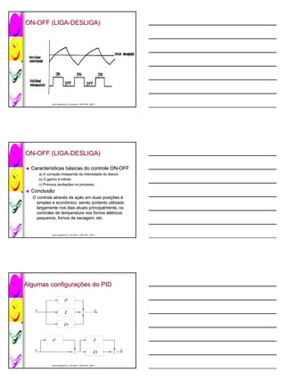 ON-OFF (LIGA-DESLIGA)
ON-    (LIGA-




            José Lamartine de A. Lima Neto / CEFET-BA 2007.2
            José                             CEFET-




ON-OFF (LIGA-DESLIGA)
ON-    (LIGA-

  Características básicas do controle ON-OFF
  Caracterí       bá                  ON-
     a) A correção independe da intensidade do desvio
          correção
     b) O ganho é infinito
     c) Provoca oscilações no processo
                oscilações
  Conclusão
  Conclusã
  O controle através da ação em duas posições é
             atravé     ação           posições
    simples e econômico, sendo portanto utilizado
              econô
    largamente nos dias atuais principalmente, os
    controles de temperatura nos fornos elétricos
                                         elé
    pequenos, fornos de secagem, etc.


            José Lamartine de A. Lima Neto / CEFET-BA 2007.2
            José                             CEFET-




Algumas configurações do PID
        configurações




            José Lamartine de A. Lima Neto / CEFET-BA 2007.2
            José                             CEFET-
 