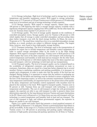 5.1.3.4 Storage technology. High level of technology used in storage has to include       Dates export
temperature and humidity equipments control. With regard to storage technology,               supply chain
Oman score is 77.75 percent or 2.33 and Tunisia score is 92.84 percent or 2.79 indicating
some level of investment and use of storage technology in both countries.
    5.1.3.5 Storage capacity. With regard to storage capacity, Omani ﬁrms scored
100 percent or 3.00 implying that there is enough storage capacity available with a
signiﬁcant refrigerated capacity ranging from 100 to 2,600 tons. On the other hand, the              401
score for Tunisian ﬁrms reached 71.41 percent or 2.14.
    5.1.3.6 Storage quality. The level of storage quality depends on the conditions of
controlled atmosphere stores. Storage quality score for Tunisia is 98 percent or 2.94
which implies that all storage is under controlled atmosphere and pre-cooling takes
place before transport, even with the hired storage facilities. In Oman, the score is
70 percent or 2.1. The small ﬁrms visited have few or no controlled atmosphere storage
facilities, as a result, products are subject to different storage qualities. The largest
ﬁrms, however, were found to have high-quality storage facilities.
    5.1.3.7 Transport technology. The level of technology used in the transportation of
products for export has to include temperature and humidity control equipments in
order to control storage atmosphere either in the trucks or in the ships during
shipment. With regard to transport technology, Tunisia score is 92.84 percent or 2.79
which implies that most of the dates exporters use cold transport with technology to
control temperature and humidity in both land and sea transport. On the other hand,
Oman score is 61.05 percent or 1.83 which implies that most of the dates exporters use
non-cold transport, with low technology in both land and sea transportation.
    5.1.3.8 Transport quality. The level of transport quality can be evaluated based on
the availability of refrigerated containers and problems encountered en route to
customers. Sometimes, dates are stored for a long time before shipment (up to several
months). Owing to marketing conditions and packing possibilities, it is necessary to
sample each consignment, in order to make sure that the quality of the fruit has not
changed. During loading, it is important to ensure that the surfaces or packaging are
not damaged. All the labels and markings must be checked to ensure compliance with
the laws of the importing country, as well as the customer requirements. Furthermore,
since temperature and humidity are important factors in the preservation of the quality
of the dates, temperature and humidity control equipments with recorders must be
placed in the container or the truck. With regard to transport quality, Tunisia score is
95 percent or 2.85. Tunisian ﬁrms use cold transport with technology to control
temperature and humidity. The cost of cold transport is high, but with governmental
support, the exporters are able to use cold transport in order to preserve dates from
deterioration especially for the long distances between Tunisia and export destinations
in the EU. Oman score is 60 percent or 1.8. Oman ﬁrms use non-cold transport with low
technology to control temperature and humidity both in land and sea transport. The
cost of cold transport is high, and without governmental support, the exporters in
Oman are unable to use cold transport.
    Figure 3 is a spider web (radar chart) that presents a visual graphical summary of
the eight KPIs of dimension 3. As indicated, Tunisia is performing better than Oman in
all the seven KPIs. At the range of 1-3, Tunisia scores between 2 and 3 for all indicators.
Tunisia scores 3 or 100 percent in processing and packing quality indicating the
existence of high-quality processing and packing operations for all ﬁrms in Tunisia.
 