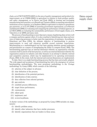 chain, as in UNCTAD/WTO (2007); in the area of quality management and productivity               Dates export
improvement, as in UNIDO (2002); in agriculture in relation to fresh produce quality             supply chain
and safety management, as in Garcia and Poole (2003); in locating and leveraging
manufacturing best practices, as in Brandt and Taninecz (2004); in assessing microﬁnance
institutions across countries, as in Stephens (2004); in agriculture in relation to greenhouse
gas emissions, as in CLAN (2006); in assessing government organizations, as in Howard
and Kilmartin (2006); in evaluating and comparing the performance of federal agencies, as               391
in USDA (2008); in evaluating the sustainability performance of food supply chains, as in
Yakovleva et al. (2009) and many more.
    The process of benchmarking is more than just a means of gathering data on how well
a company performs against others. It is also a method of identifying new ideas and new
ways of improving processes to better meet the expectations of customers. According to
Omachonu and Ross (1994), the ultimate objective of benchmarking is process
improvements to meet and whenever possible exceed customer expectations.
Benchmarking as a methodological tool has been gaining attention among academics
and practitioners as a means of strengthening the ability to compete (Yasin, 2002). The
benchmarking approach has an internal dimension whereby an organization critically
examines itself in search of the best practice, as well as an external dimension whereby the
organization analyses its industry and other domains in an attempt to identify external
and competitive practices, which may be implemented in its operating environment
(Yasin, 2002). In this study, both the internal and external dimensions are implemented.
    To date, there is no single benchmarking process that has been universally adopted.
The wide appeal and acceptance of benchmarking has led to the emergence of various
benchmarking methodologies. The most prominent methodology is the 12-stage
methodology by Camp (1989), which consists of the following:
   (1) selection of the subject in advance;
   (2) clear deﬁnition of the process;
   (3) identiﬁcation of the potential partners;
   (4) identiﬁcation of data sources;
   (5) data collection from selected partners;
   (6) gap analysis;
   (7) establish process differences;
   (8) target future performance;
   (9) communicate;
  (10) adjust goal;
  (11) implement; and
  (12) review/recalibrate.

A shorter version of the methodology as proposed by Camp (1989) includes six steps,
namely:
  (1) identify problem areas;
  (2) identify other industries that have similar processes;
  (3) identify organizations that are leaders in these areas;
 