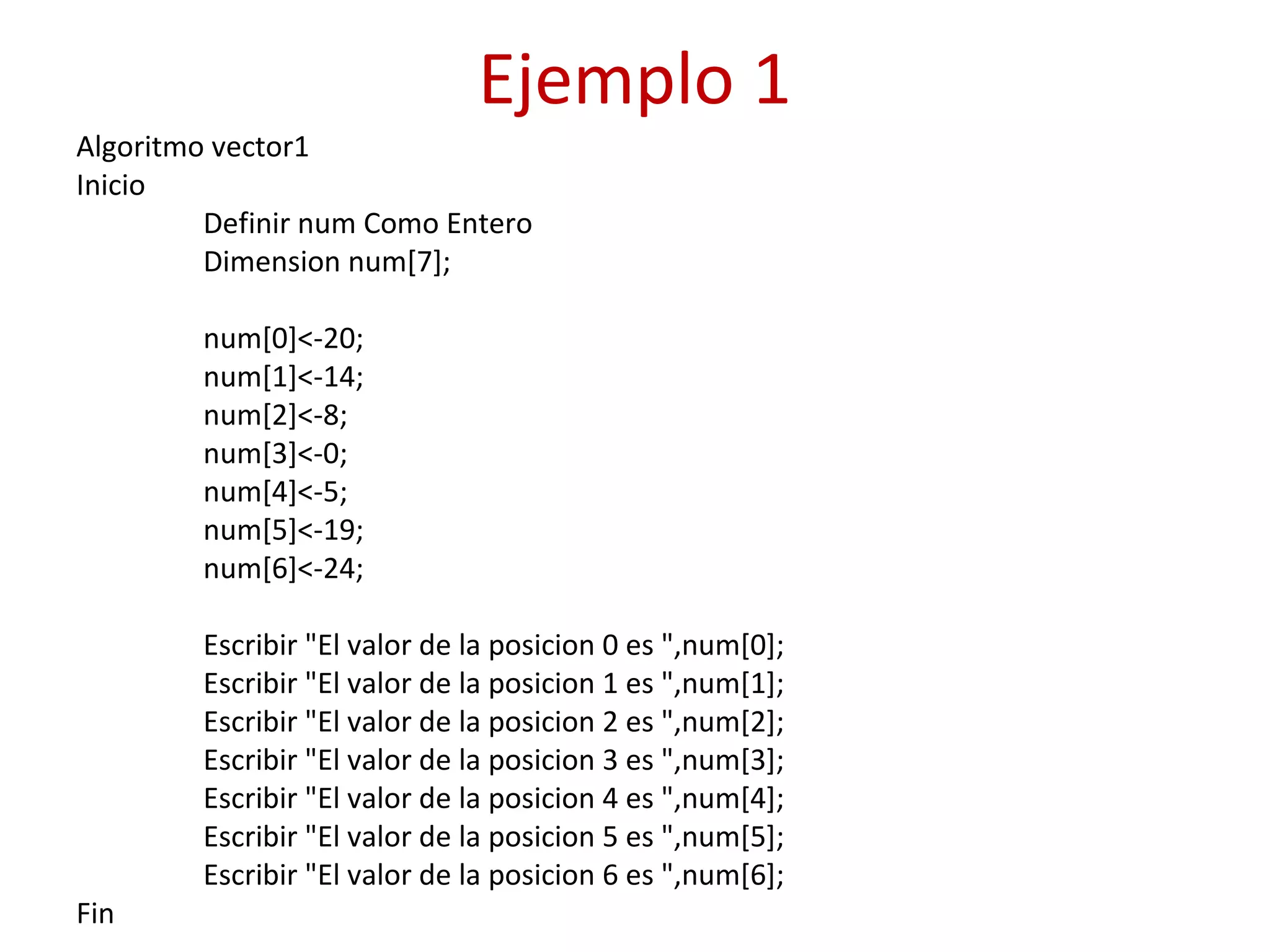 Ejemplo 1
Algoritmo vector1
Inicio
Definir num Como Entero
Dimension num[7];
num[0]<-20;
num[1]<-14;
num[2]<-8;
num[3]<-0;
num[4]<-5;
num[5]<-19;
num[6]<-24;
Escribir "El valor de la posicion 0 es ",num[0];
Escribir "El valor de la posicion 1 es ",num[1];
Escribir "El valor de la posicion 2 es ",num[2];
Escribir "El valor de la posicion 3 es ",num[3];
Escribir "El valor de la posicion 4 es ",num[4];
Escribir "El valor de la posicion 5 es ",num[5];
Escribir "El valor de la posicion 6 es ",num[6];
Fin
 