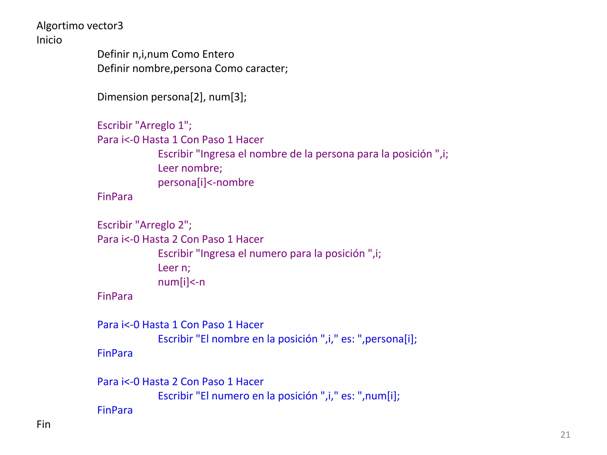 Algortimo vector3
Inicio
Definir n,i,num Como Entero
Definir nombre,persona Como caracter;
Dimension persona[2], num[3];
Escribir "Arreglo 1";
Para i<-0 Hasta 1 Con Paso 1 Hacer
Escribir "Ingresa el nombre de la persona para la posición ",i;
Leer nombre;
persona[i]<-nombre
FinPara
Escribir "Arreglo 2";
Para i<-0 Hasta 2 Con Paso 1 Hacer
Escribir "Ingresa el numero para la posición ",i;
Leer n;
num[i]<-n
FinPara
Para i<-0 Hasta 1 Con Paso 1 Hacer
Escribir "El nombre en la posición ",i," es: ",persona[i];
FinPara
Para i<-0 Hasta 2 Con Paso 1 Hacer
Escribir "El numero en la posición ",i," es: ",num[i];
FinPara
Fin
21
 