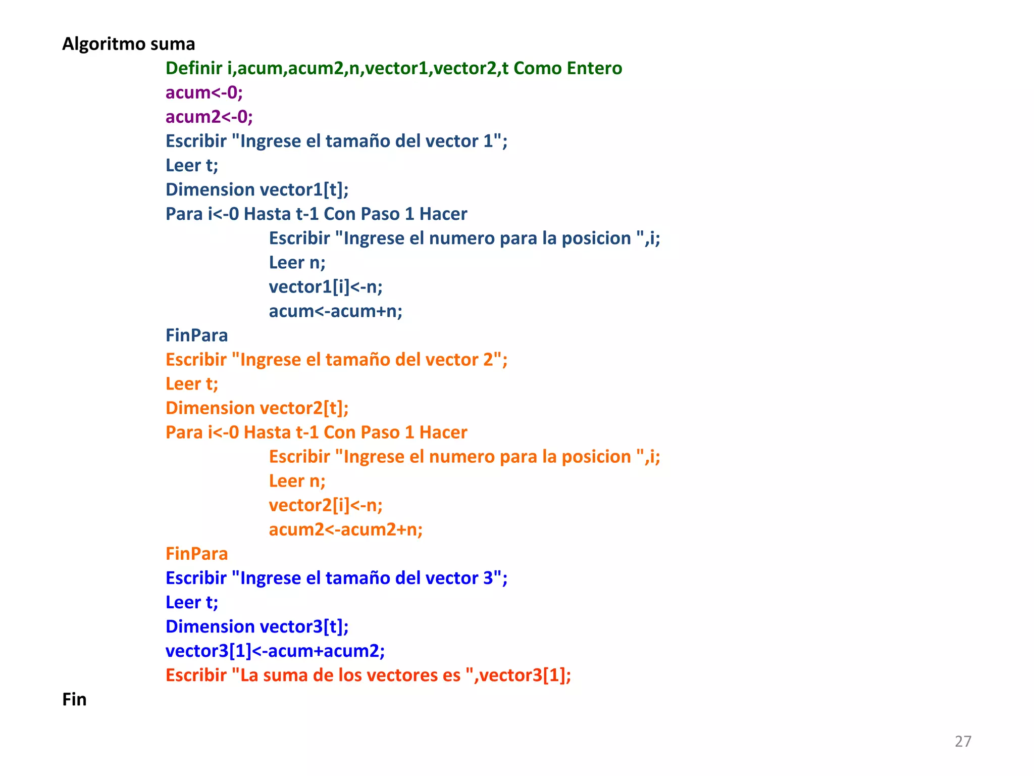 Algoritmo suma
Definir i,acum,acum2,n,vector1,vector2,t Como Entero
acum<-0;
acum2<-0;
Escribir "Ingrese el tamaño del vector 1";
Leer t;
Dimension vector1[t];
Para i<-0 Hasta t-1 Con Paso 1 Hacer
Escribir "Ingrese el numero para la posicion ",i;
Leer n;
vector1[i]<-n;
acum<-acum+n;
FinPara
Escribir "Ingrese el tamaño del vector 2";
Leer t;
Dimension vector2[t];
Para i<-0 Hasta t-1 Con Paso 1 Hacer
Escribir "Ingrese el numero para la posicion ",i;
Leer n;
vector2[i]<-n;
acum2<-acum2+n;
FinPara
Escribir "Ingrese el tamaño del vector 3";
Leer t;
Dimension vector3[t];
vector3[1]<-acum+acum2;
Escribir "La suma de los vectores es ",vector3[1];
Fin
27
 