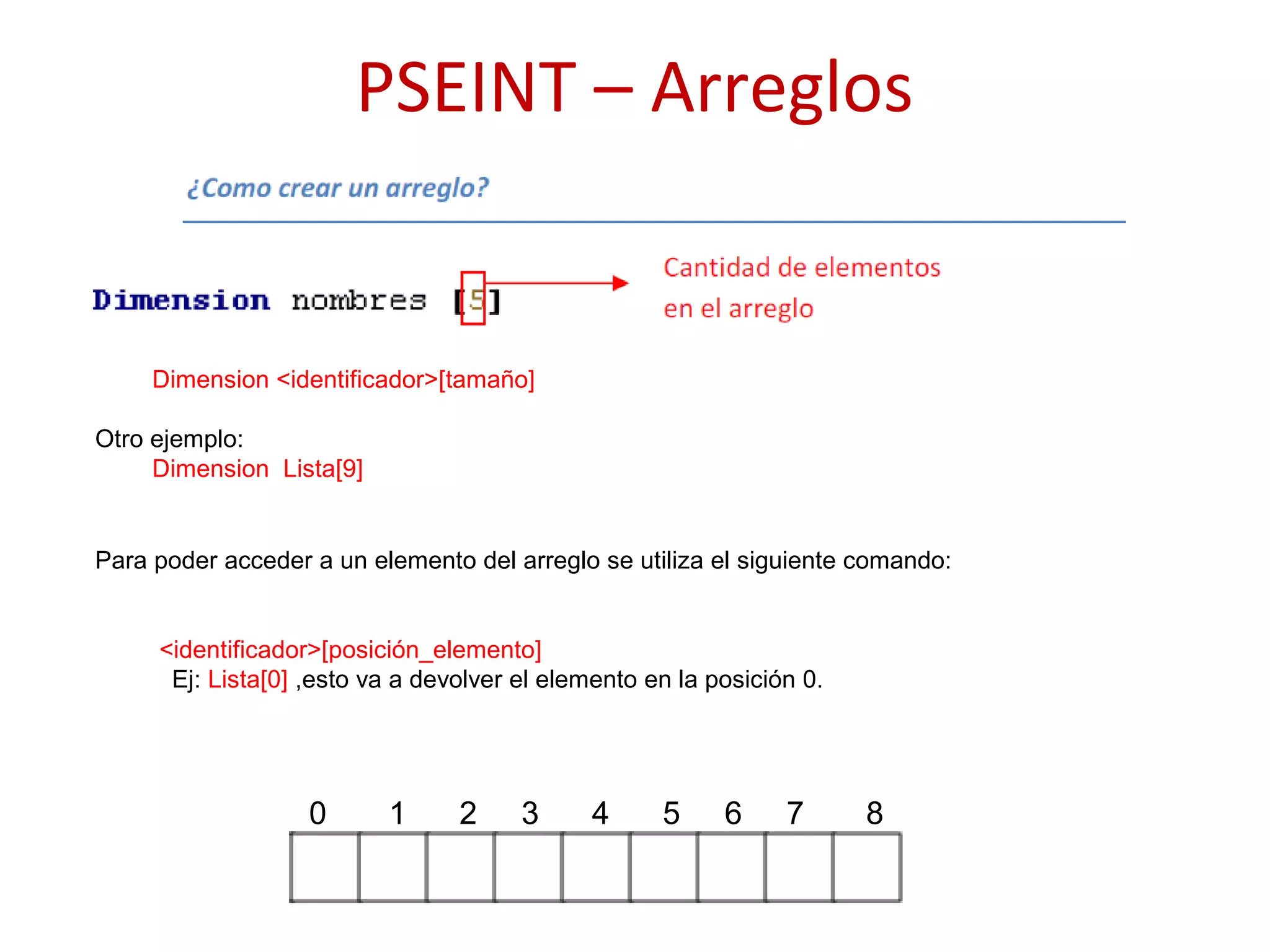 PSEINT – Arreglos
En Pseint la sentencia para poder definir un arreglo es la siguiente:
Dimension <identificador>[tamaño]
Otro ejemplo:
Dimension Lista[9]
Para poder acceder a un elemento del arreglo se utiliza el siguiente comando:
<identificador>[posición_elemento]
Ej: Lista[0] ,esto va a devolver el elemento en la posición 0.
0 1 2 3 4 5 6 7 8
 