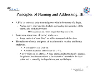 © John Day, 2013 14	

Rights Reserved	

The Pouzin Society	

.	

14	

Principles of Naming and Addressing: III	

•  A F-id (or address) is only unambiguous within the scope of a layer.	

–  And no more, otherwise this leads to overloading the semantics of the
address and leads to problems	

–  MAC addresses are 3 times longer than they need to be.	

•  Routes are sequences of (node) addresses.	

–  Source routing is a “male thing,” not willing to stop and ask directions.	

•  The relation of node and point of attachment is relative and hence
irrelevant.	

•  A node address is an (N)-F-id; 	

•  A point of attachment address is an (N-1)-F-id. 	

–  A layer routes on its address. A node address routes this layer’s address,
the point of attachment address is the address of the node in the layer
below and is routed by the layer below, not by this layer.	

 