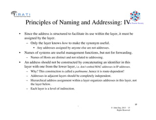 © John Day, 2013 15	

Rights Reserved	

The Pouzin Society	

.	

15	

Principles of Naming and Addressing: IV	

•  Since the address is structured to facilitate its use within the layer, it must be
assigned by the layer.	

–  Only the layer knows how to make the synonym useful.	

•  Any addresses assigned by anyone else are not addresses.	

•  Names of systems are useful management functions, but not for forwarding.	

–  Names of Hosts are distinct and not related to addressing.	

•  An address should not be constructed by concatenating an identiﬁer in this
layer with one from the lower layer, i.e. don’t embed MAC addresses in IP addresses.	

–  Why? This construction is called a pathname, hence it is route-dependent!	

–  Addresses in adjacent layers should be completely independent.	

–  Hierarchical address assignment within a layer organizes addresses in this layer, not
the layer below.	

–  Each layer is a level of indirection.	

 
