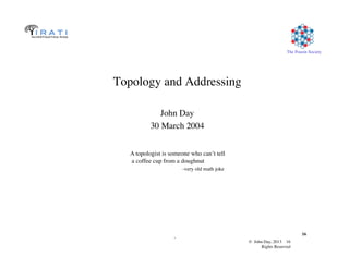 © John Day, 2013 16	

Rights Reserved	

The Pouzin Society	

.	

16	

Topology and Addressing	

John Day	

30 March 2004	

A topologist is someone who can’t tell	

a coffee cup from a doughnut	

-very old math joke	

 