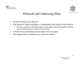 © John Day, 2013 17	

Rights Reserved	

The Pouzin Society	

.	

17	

Protocols and Addressing Plans	

•  Protocols merely carry addresses	

•  The Design of Addressing Spaces is independent of the design of the Protocol.	

–  The only constraint is the representation of the address must be compatible with the
syntax of the protocol, i.e it has to ﬁt in the ﬁeld.	

•  A Protocol can potentially carry an address from any plan	

•  The Interpretation of Addresses by a protocol is policy.	

 
