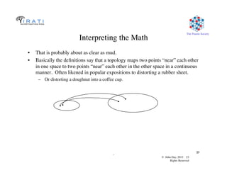 © John Day, 2013 23	

Rights Reserved	

The Pouzin Society	

.	

23	

Interpreting the Math	

•  That is probably about as clear as mud.	

•  Basically the deﬁnitions say that a topology maps two points “near” each other
in one space to two points “near” each other in the other space in a continuous
manner. Often likened in popular expositions to distorting a rubber sheet.	

–  Or distorting a doughnut into a coffee cup. 	

 