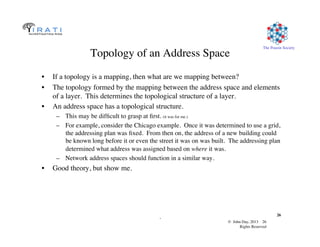 © John Day, 2013 26	

Rights Reserved	

The Pouzin Society	

.	

26	

Topology of an Address Space	

•  If a topology is a mapping, then what are we mapping between?	

•  The topology formed by the mapping between the address space and elements
of a layer. This determines the topological structure of a layer.	

•  An address space has a topological structure. 	

–  This may be difﬁcult to grasp at ﬁrst. (it was for me.)	

–  For example, consider the Chicago example. Once it was determined to use a grid,
the addressing plan was ﬁxed. From then on, the address of a new building could
be known long before it or even the street it was on was built. The addressing plan
determined what address was assigned based on where it was.	

–  Network address spaces should function in a similar way.	

•  Good theory, but show me.	

 