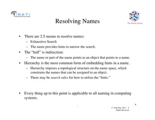 © John Day, 2013 6	

Rights Reserved	

The Pouzin Society	

.	

6	

Resolving Names	

•  There are 2.5 means to resolve names:	

–  Exhaustive Search	

–  The name provides hints to narrow the search.	

•  The “half” is indirection:	

–  The name or part of the name points to an object that points to a name.	

•  Hierarchy is the most common form of embedding hints in a name.	

–  Hierarchy imposes a topological structure on the name space, which
constrains the names that can be assigned to an object.	

–  There may be search rules for how to utilize the “hints.”	

•  Every thing up to this point is applicable to all naming in computing
systems.	

 