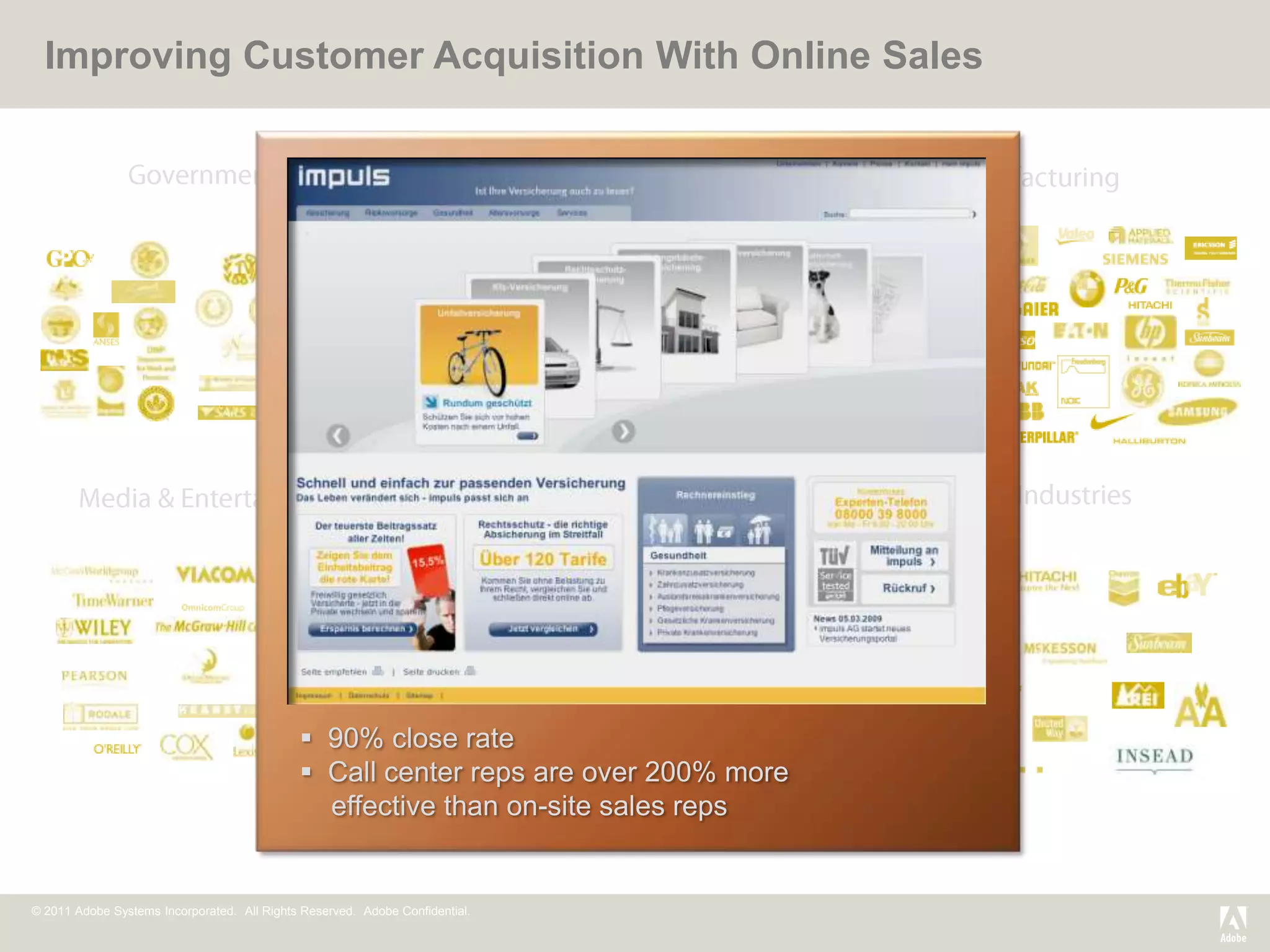 Improving Customer Acquisition With Online Sales




                                                                                                                       Abington
                                                                                                                       Memorial
                                                                                                                       Hospital




                                                                              University of Rochester Medical Center




                                              90% close rate
                                              Call center reps are over 200% more
                                               effective than on-site sales reps


© 2011 Adobe Systems Incorporated. All Rights Reserved. Adobe Confidential.
 