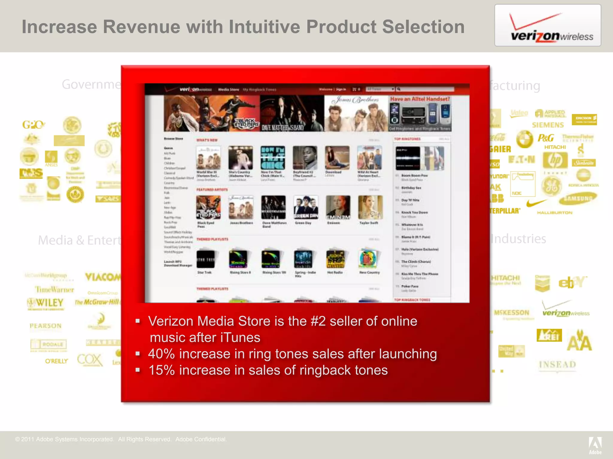 Increase Revenue with Intuitive Product Selection




                                                                                                                       Abington
                                                                                                                       Memorial
                                                                                                                       Hospital




                                                                              University of Rochester Medical Center
                                           Verizon Media Store is the #2 seller of online
                                            music after iTunes
                                           40% increase in ring tones sales after launching
                                           15% increase in sales of ringback tones



© 2011 Adobe Systems Incorporated. All Rights Reserved. Adobe Confidential.
 